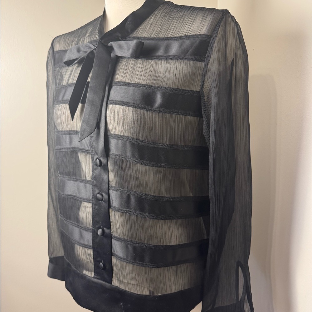 THE KOOPLES Sheer Button Front Striped Shirt w/ Accent Tie Collar BLACK / LARGE - Picture 5 of 15